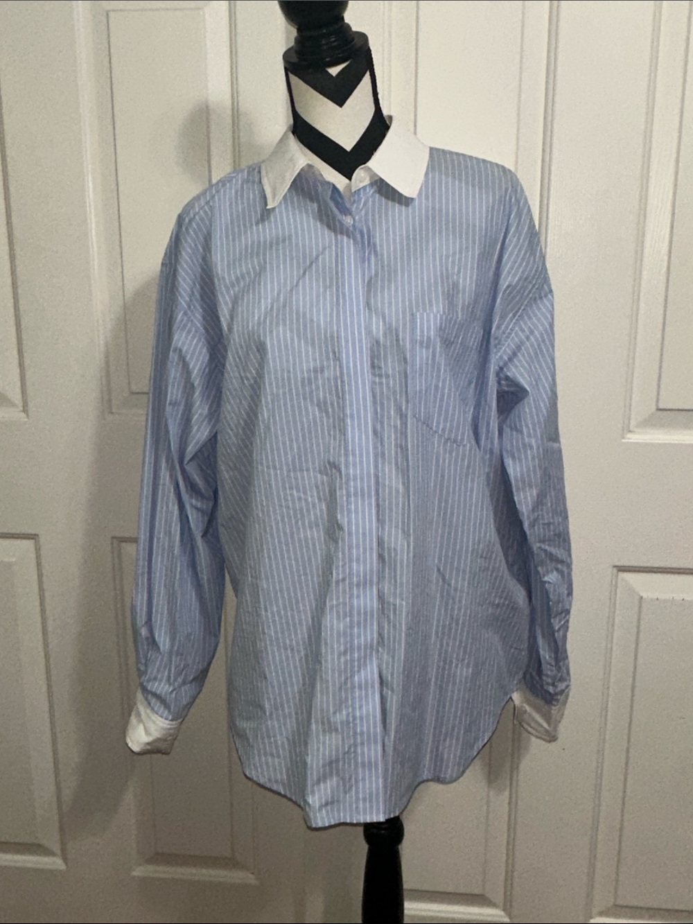 Good American Blue and White Striped Poplin Shirt
